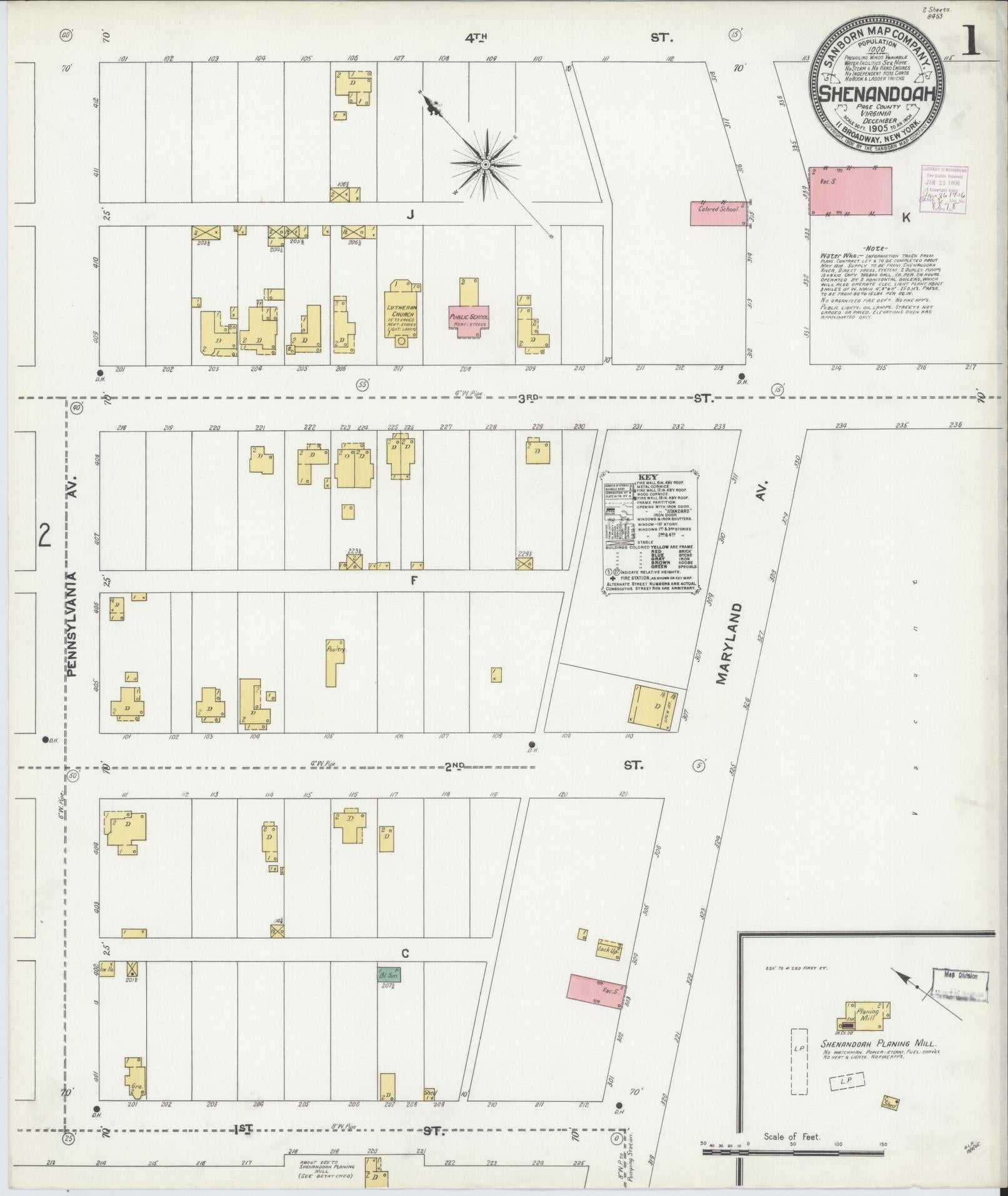 Sanborn Fire Insurance Map from Shenandoah, Page County, Virginia (1905), Sheet #0001 - Historic Sanborn Fire Insurance Map Print, vintage old map wall art, antique decor, genealogy gift, Virginia Virginia map