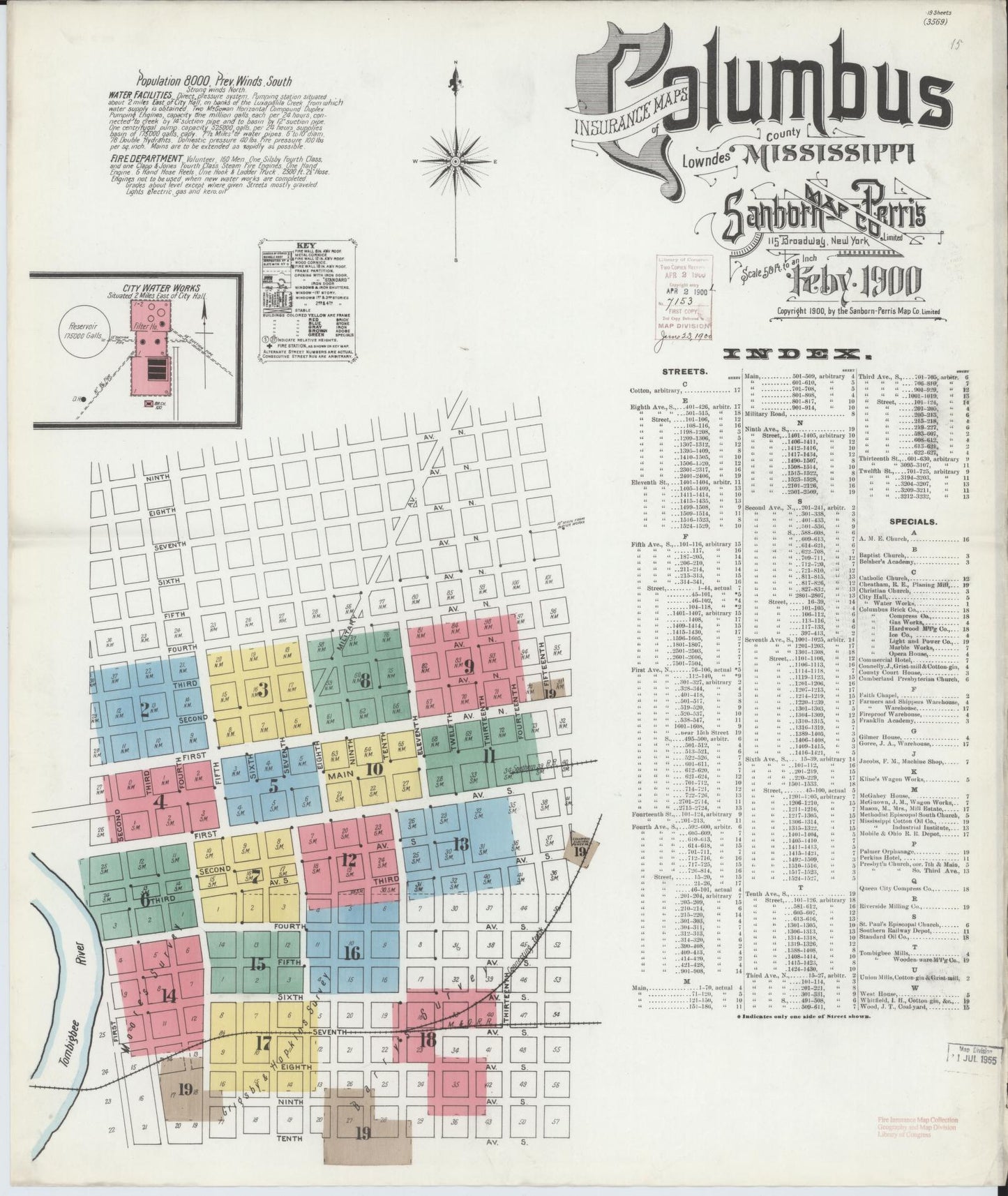 Sanborn Fire Insurance Map from Columbus, Lowndes County, Mississippi (1900), Sheet #0001 - Historic Sanborn Fire Insurance Map Print, vintage old map wall art, antique decor, genealogy gift, Mississippi Mississippi map
