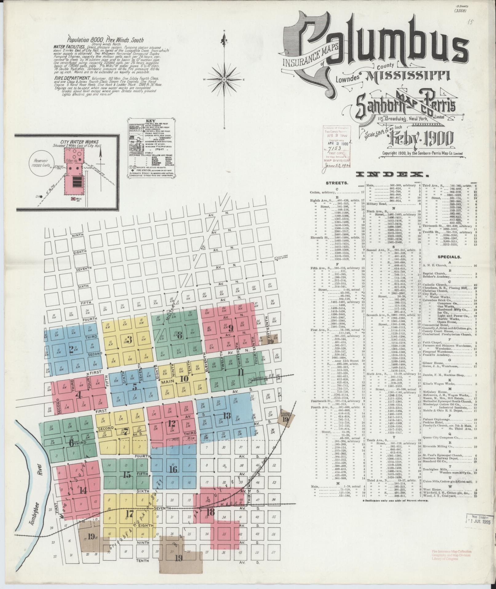 Sanborn Fire Insurance Map from Columbus, Lowndes County, Mississippi (1900), Sheet #0001 - Historic Sanborn Fire Insurance Map Print, vintage old map wall art, antique decor, genealogy gift, Mississippi Mississippi map
