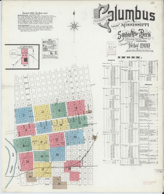 Sanborn Fire Insurance Map from Columbus, Lowndes County, Mississippi (1900), Sheet #0001 - Historic Sanborn Fire Insurance Map Print, vintage old map wall art, antique decor, genealogy gift, Mississippi Mississippi map