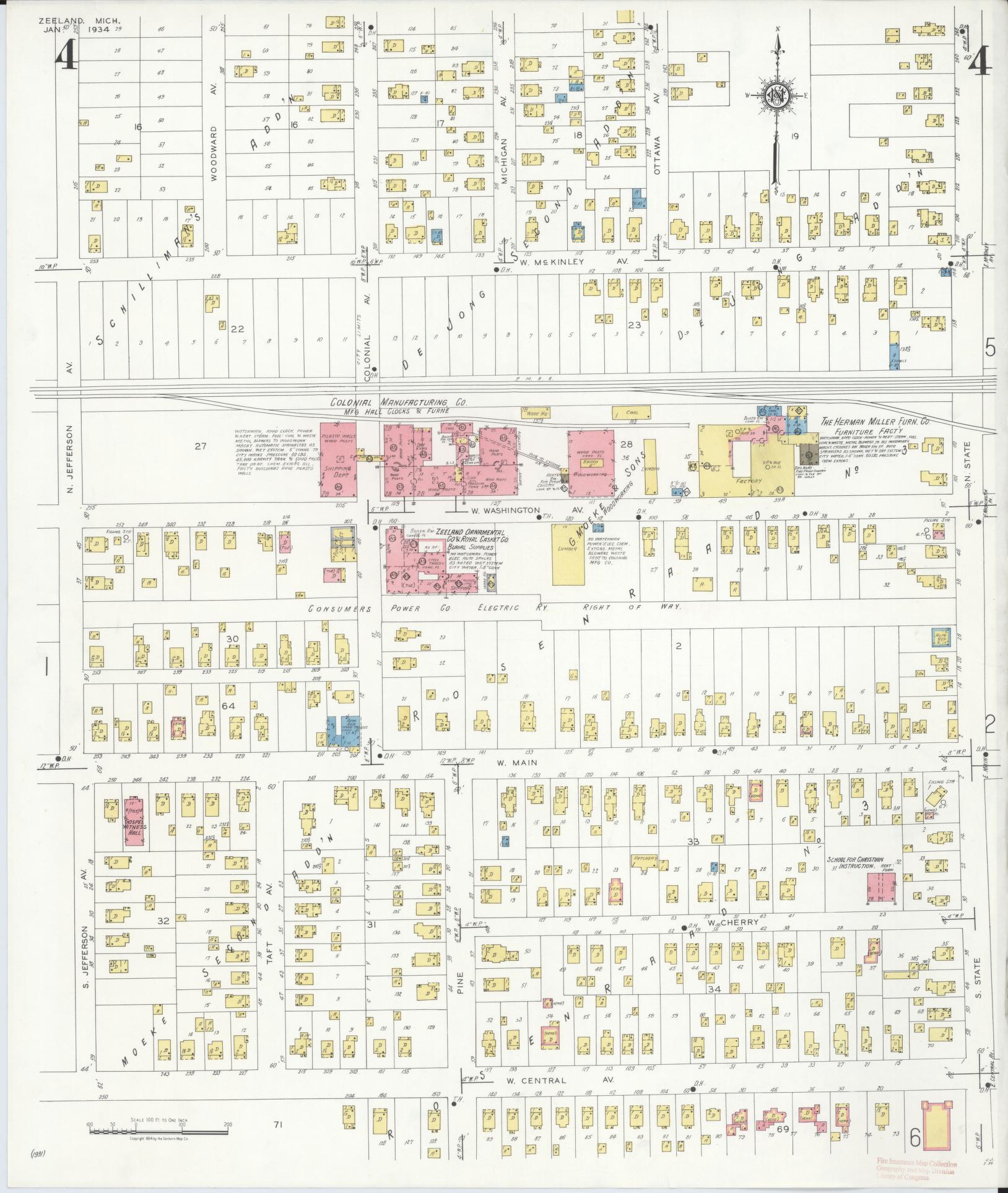 Sanborn Fire Insurance Map from Zeeland, Ottawa County, Michigan (1934), Sheet #0004 - Historic Sanborn Fire Insurance Map Print, vintage old map wall art, antique decor, genealogy gift, Michigan Michigan map