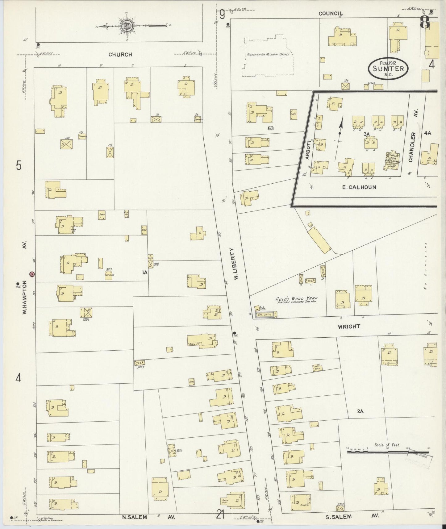 Sanborn Fire Insurance Map from Sumter, Sumter County, South Carolina (1912), Sheet #0008 - Historic Sanborn Fire Insurance Map Print, vintage old map wall art, antique decor, genealogy gift, South Carolina South Carolina map