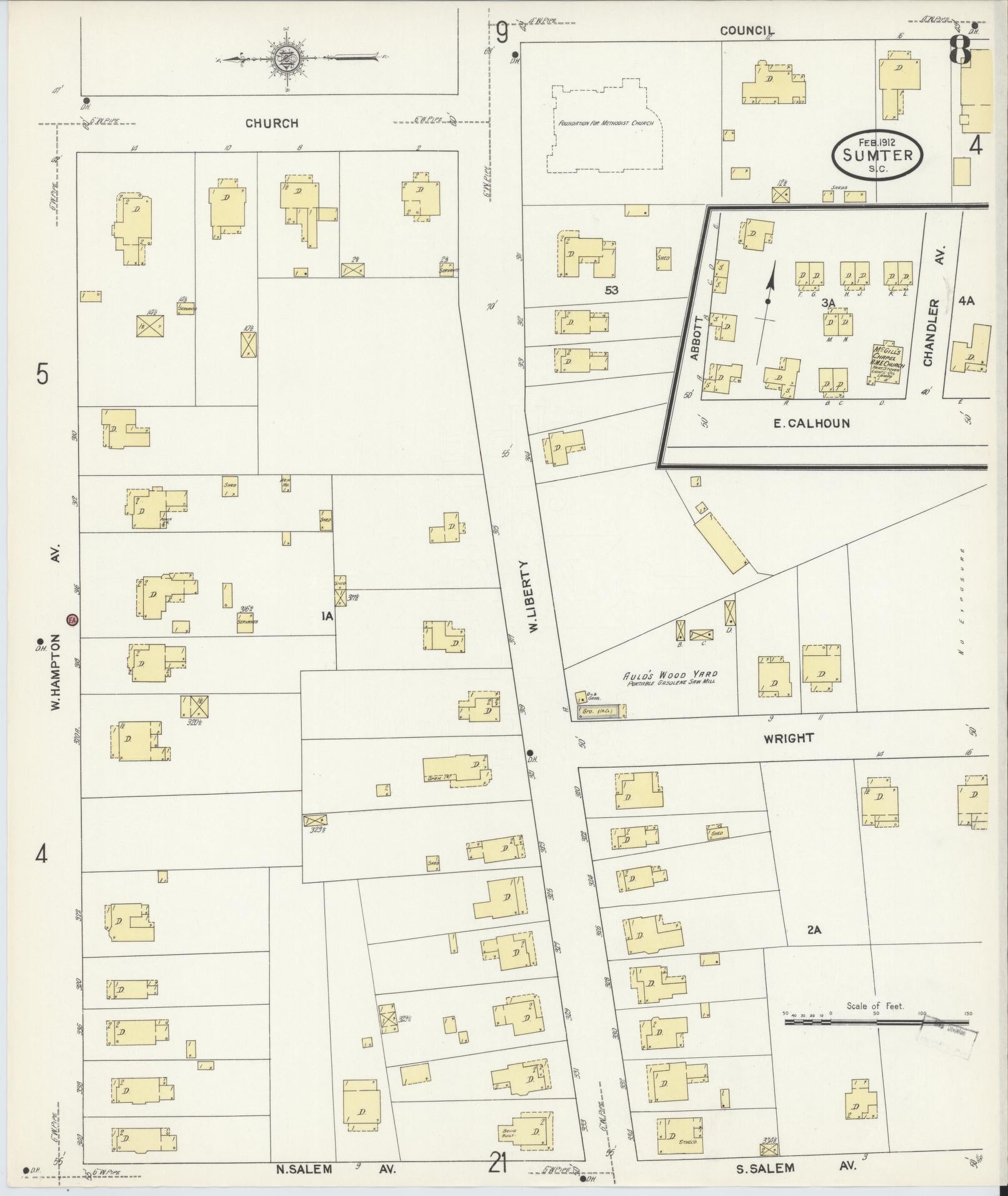 Sanborn Fire Insurance Map from Sumter, Sumter County, South Carolina (1912), Sheet #0008 - Historic Sanborn Fire Insurance Map Print, vintage old map wall art, antique decor, genealogy gift, South Carolina South Carolina map