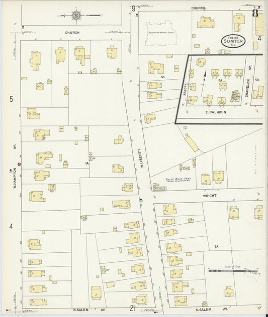 Sanborn Fire Insurance Map from Sumter, Sumter County, South Carolina (1912), Sheet #0008 - Historic Sanborn Fire Insurance Map Print, vintage old map wall art, antique decor, genealogy gift, South Carolina South Carolina map