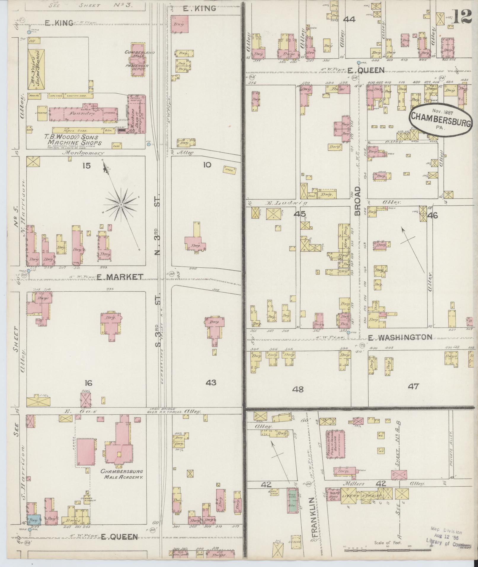 Sanborn Fire Insurance Map from Chambersburg, Franklin County, Pennsylvania (1887), Sheet #0012 - Historic Sanborn Fire Insurance Map Print, vintage old map wall art, antique decor, genealogy gift, Pennsylvania Pennsylvania map