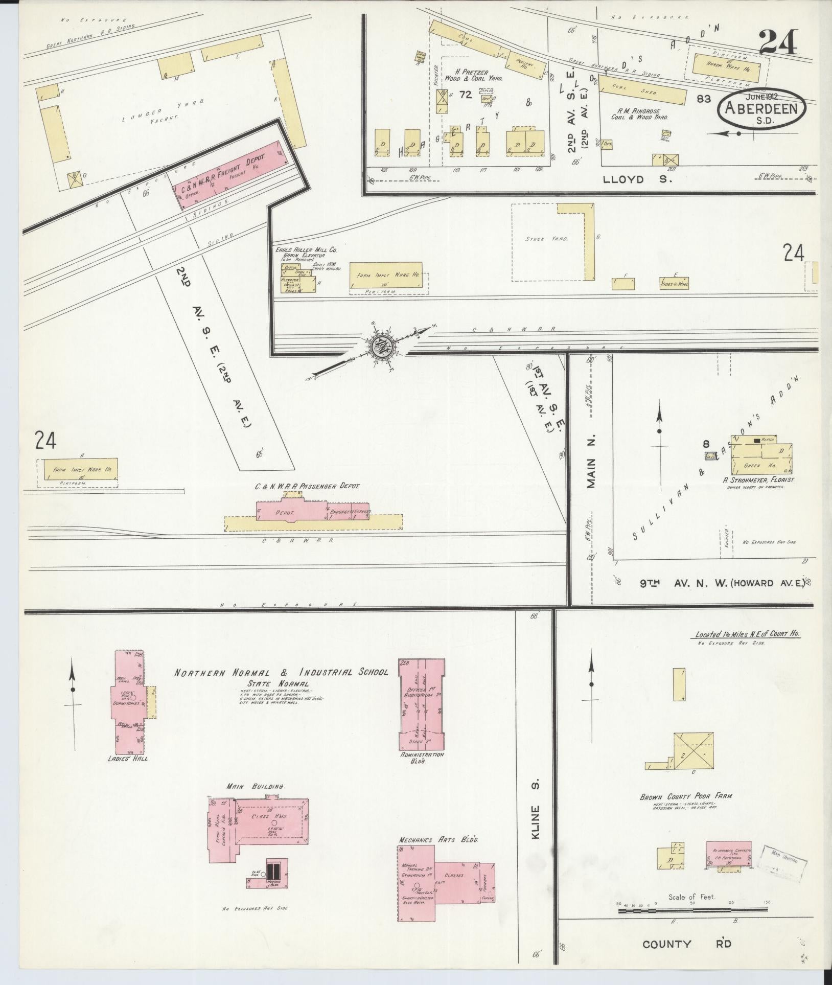 Sanborn Fire Insurance Map from Aberdeen, Brown County, South Dakota (1912), Sheet #0024 - Historic Sanborn Fire Insurance Map Print, vintage old map wall art, antique decor, genealogy gift, South Dakota South Dakota map