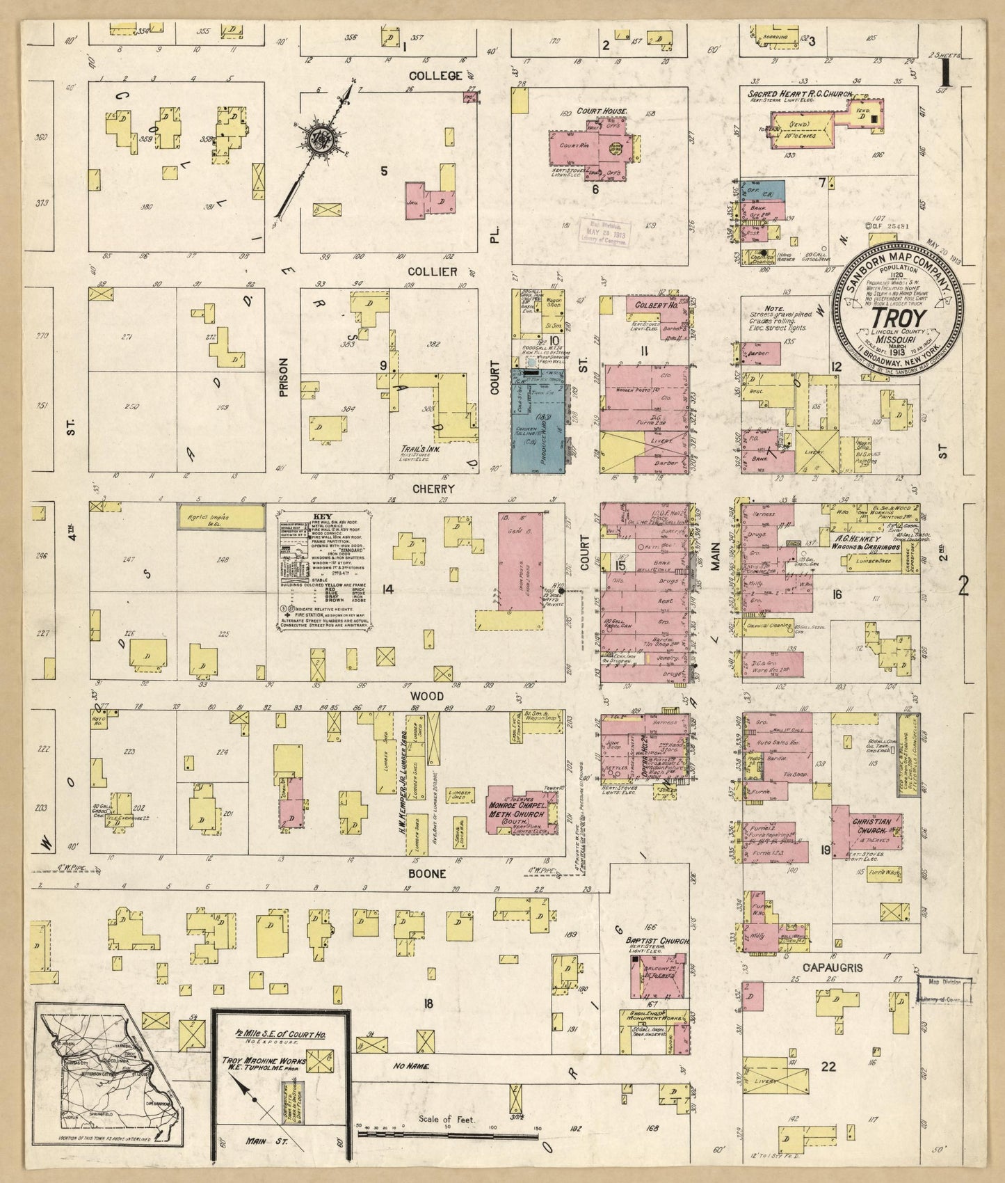 Sanborn Fire Insurance Map from Troy, Lincoln County, Missouri (1913), Sheet #0001 - Historic Sanborn Fire Insurance Map Print, vintage old map wall art, antique decor, genealogy gift, Missouri Missouri map