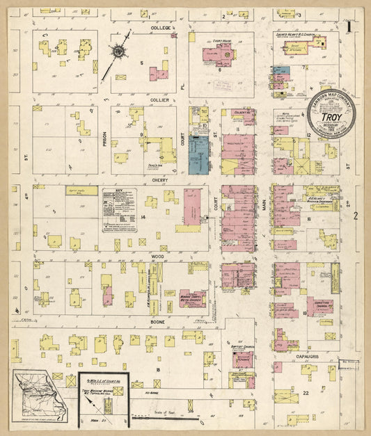 Sanborn Fire Insurance Map from Troy, Lincoln County, Missouri (1913), Sheet #0001 - Historic Sanborn Fire Insurance Map Print, vintage old map wall art, antique decor, genealogy gift, Missouri Missouri map