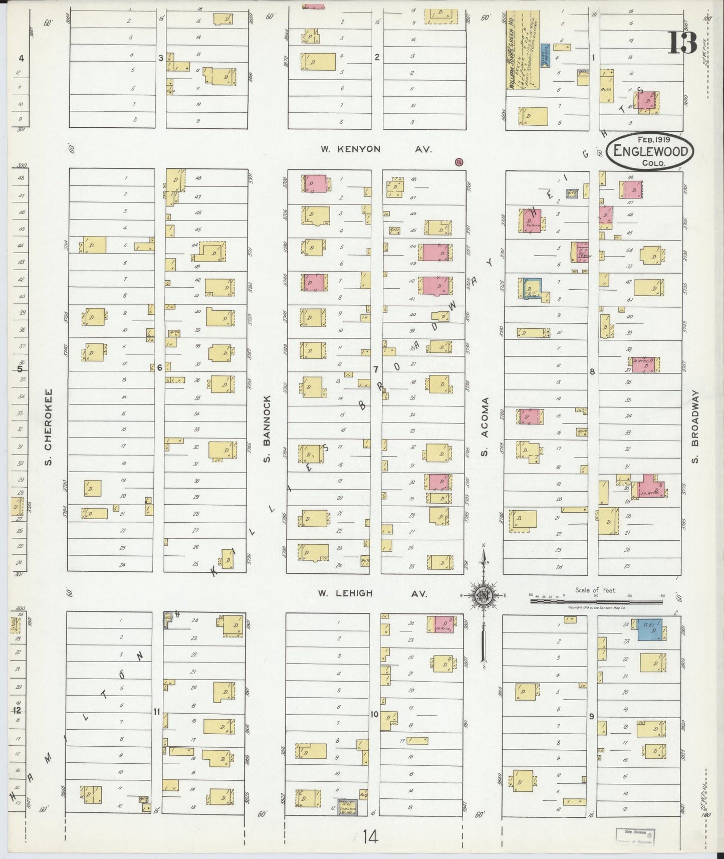 Sanborn Fire Insurance Map from Englewood, Arapahoe County, Colorado (1919), Sheet #0013 - Complete Map Set gallery image, historic Sanborn map, vintage wall art, Colorado Colorado
