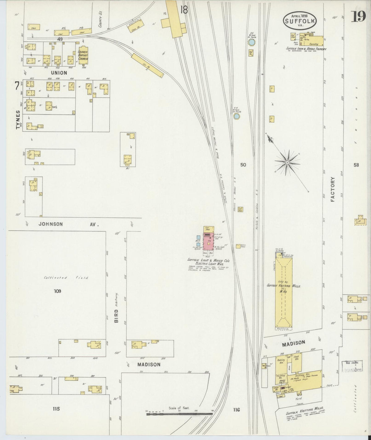 Sanborn Fire Insurance Map from Suffolk, Independent Cities, Virginia (1898), Sheet #0019 - Historic Sanborn Fire Insurance Map Print, vintage old map wall art, antique decor, genealogy gift, Virginia Virginia map