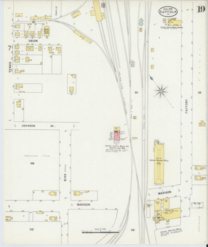 Sanborn Fire Insurance Map from Suffolk, Independent Cities, Virginia (1898), Sheet #0019 - Historic Sanborn Fire Insurance Map Print, vintage old map wall art, antique decor, genealogy gift, Virginia Virginia map