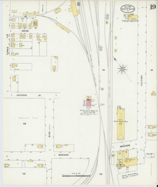 Sanborn Fire Insurance Map from Suffolk, Independent Cities, Virginia (1898), Sheet #0019 - Historic Sanborn Fire Insurance Map Print, vintage old map wall art, antique decor, genealogy gift, Virginia Virginia map