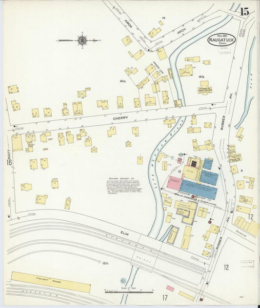 Sanborn Fire Insurance Map from Naugatuck, New Haven County, Connecticut (1910), Sheet #0015 - Historic Sanborn Fire Insurance Map Print, vintage old map wall art, antique decor, genealogy gift, Connecticut Connecticut map