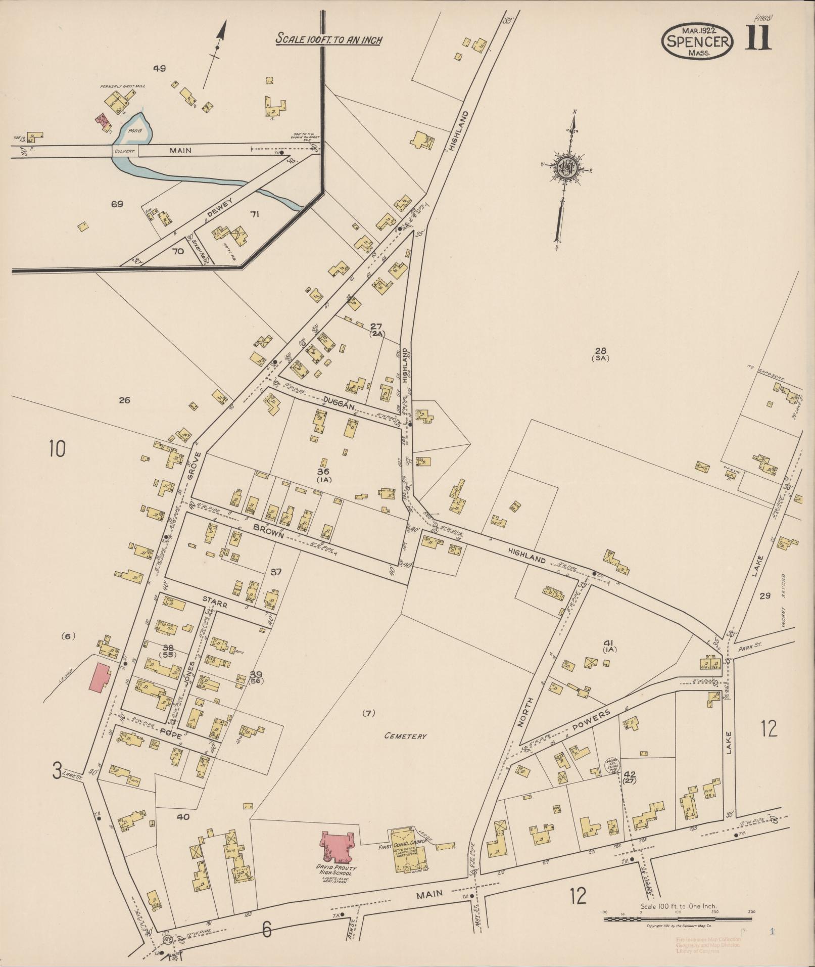 Sanborn Fire Insurance Map from Spencer, Worcester County, Massachusetts (1922), Sheet #0011 - Historic Sanborn Fire Insurance Map Print, vintage old map wall art, antique decor, genealogy gift, Massachusetts Massachusetts map