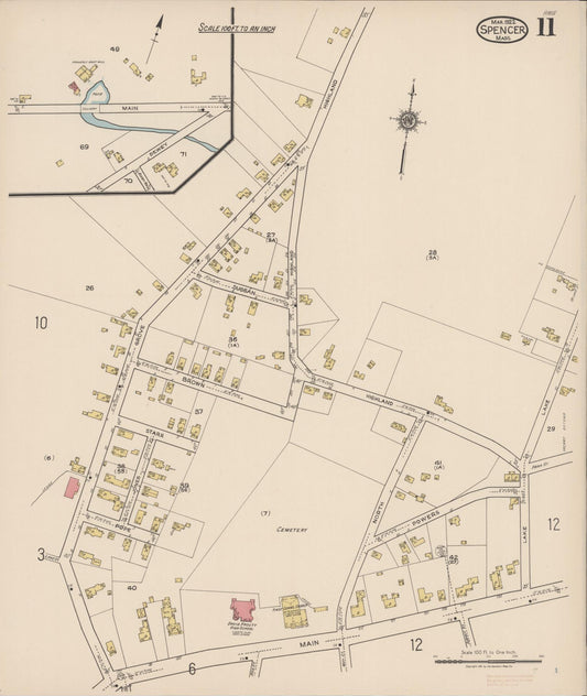 Sanborn Fire Insurance Map from Spencer, Worcester County, Massachusetts (1922), Sheet #0011 - Historic Sanborn Fire Insurance Map Print, vintage old map wall art, antique decor, genealogy gift, Massachusetts Massachusetts map