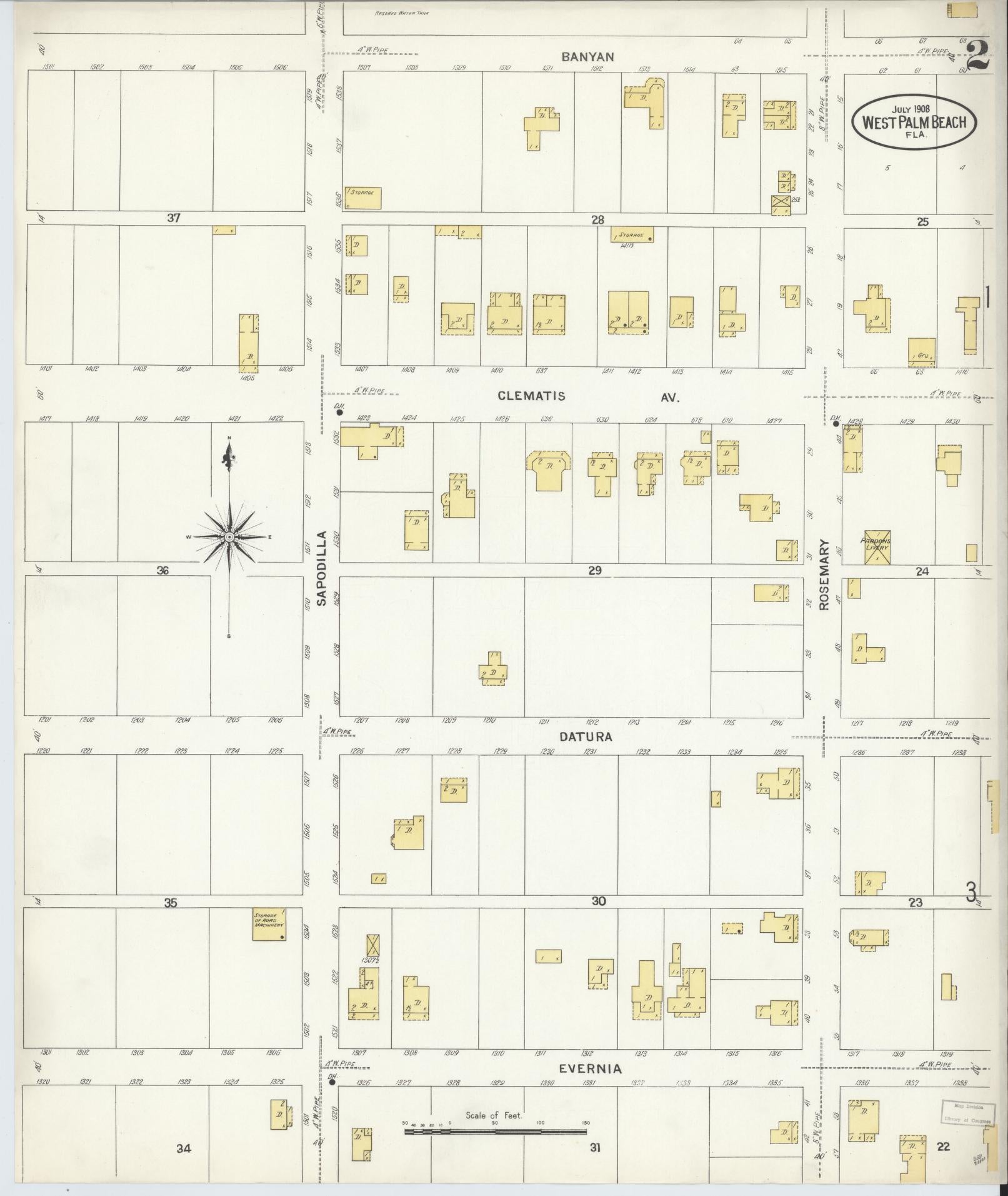 Sanborn Fire Insurance Map from West Palm Beach, Dade County, Florida (1908), Sheet #0002 - Complete Map Set gallery image, historic Sanborn map, vintage wall art, Florida Florida
