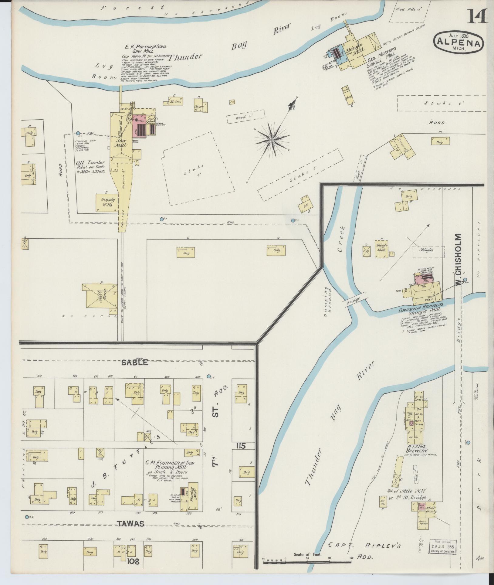 Sanborn Fire Insurance Map from Alpena, Alpena County, Michigan (1890), Sheet #0014 - Historic Sanborn Fire Insurance Map Print, vintage old map wall art, antique decor, genealogy gift, Michigan Michigan map