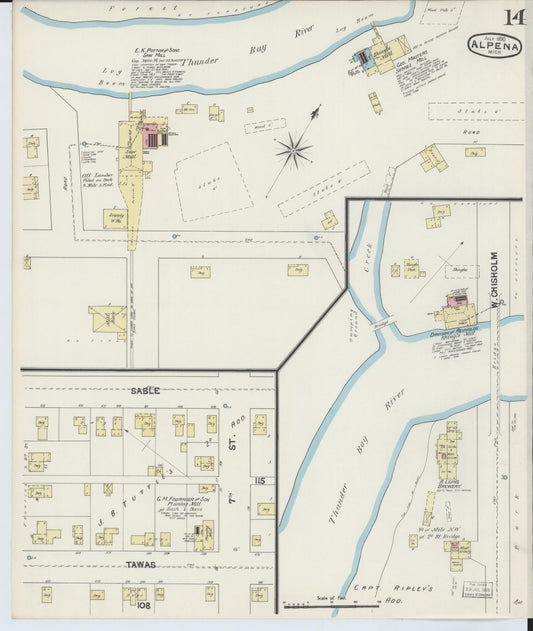 Sanborn Fire Insurance Map from Alpena, Alpena County, Michigan (1890), Sheet #0014 - Historic Sanborn Fire Insurance Map Print, vintage old map wall art, antique decor, genealogy gift, Michigan Michigan map