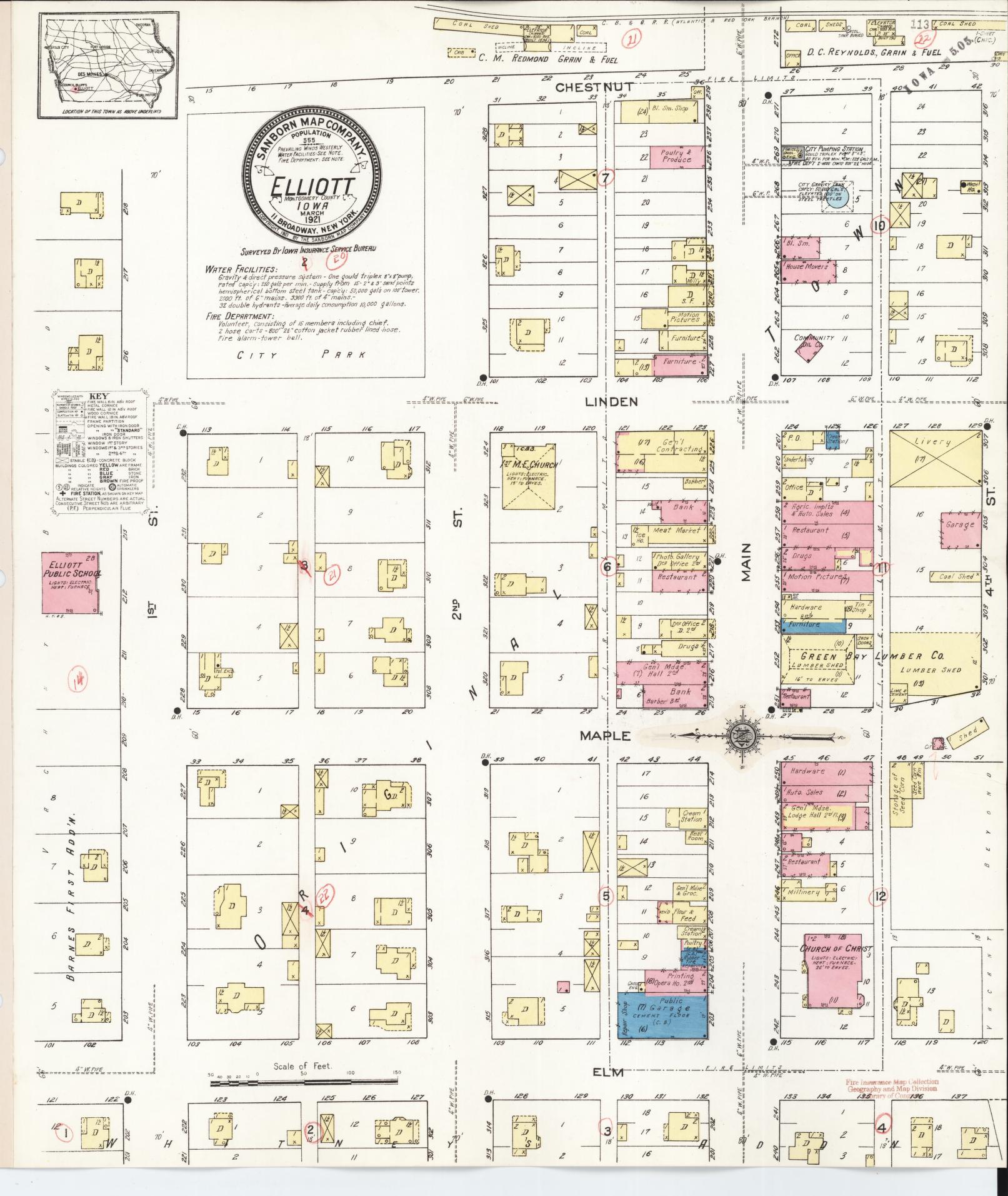 Sanborn Fire Insurance Map from Elliott, Montgomery County, Iowa (1921), Sheet #0001 - Historic Sanborn Fire Insurance Map Print, vintage old map wall art