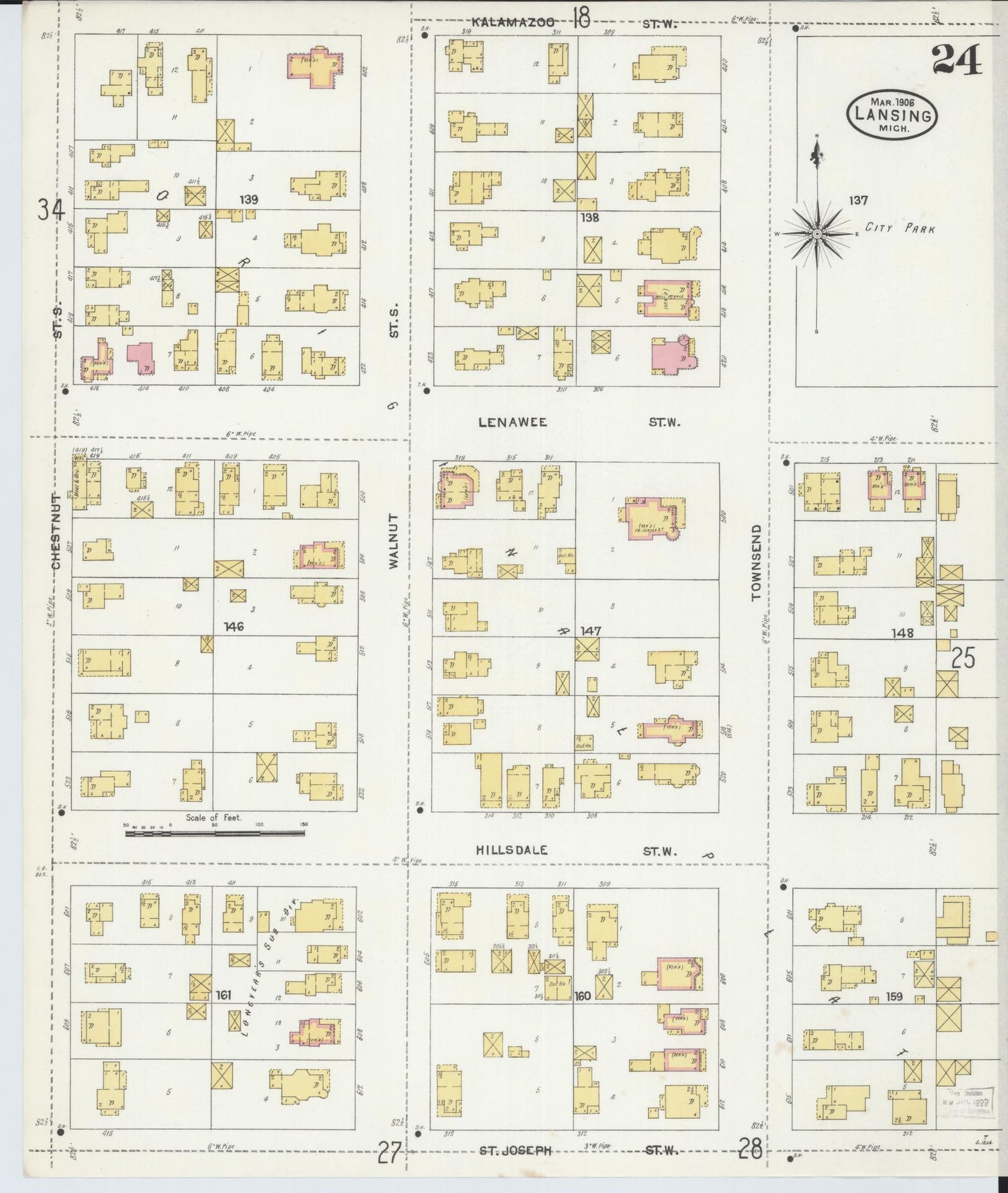 Sanborn Fire Insurance Map from Lansing, Ingham County, Michigan (1906), Sheet #0024 - Complete Map Set gallery image, historic Sanborn map, vintage wall art, Michigan Michigan