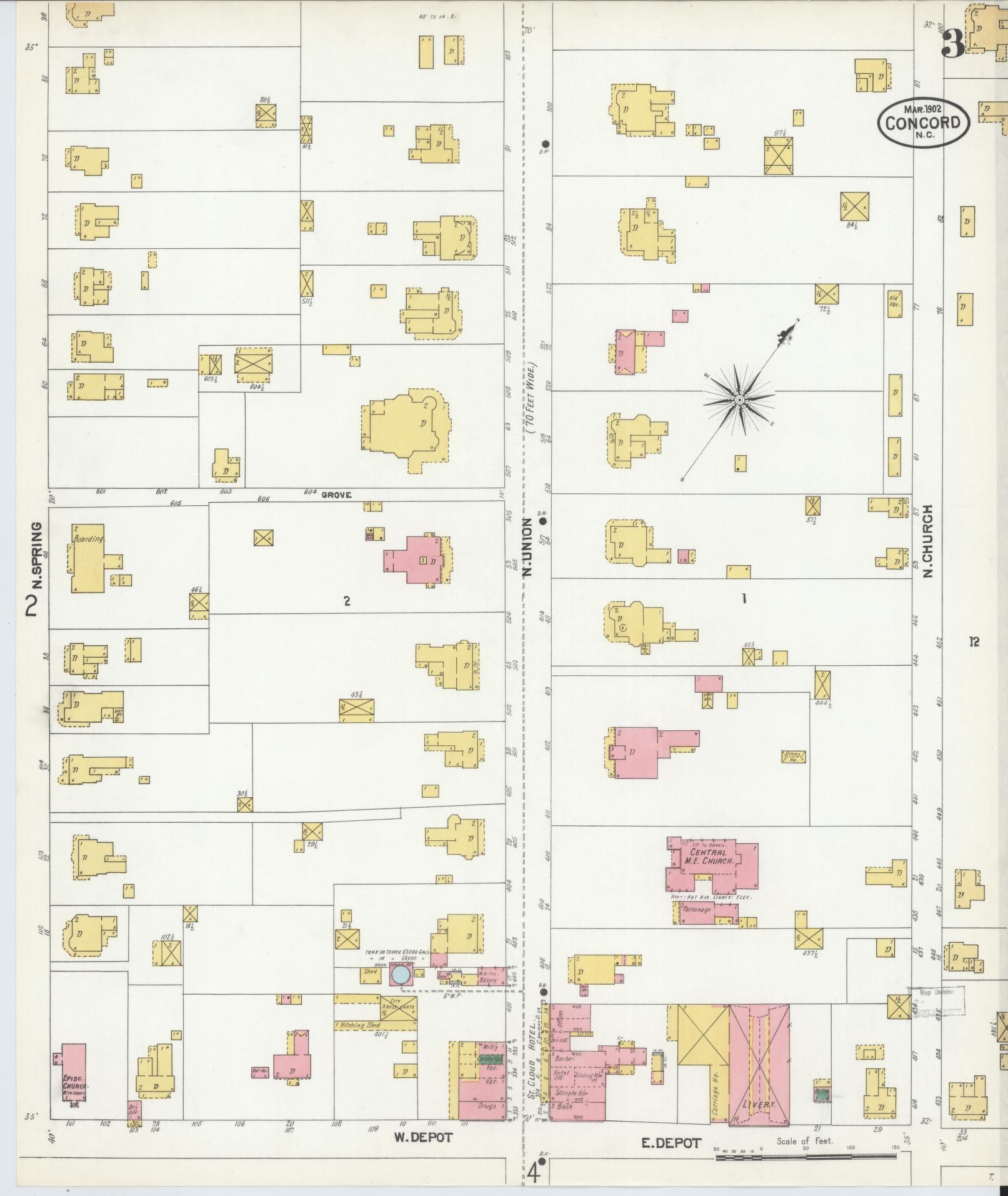 Sanborn Fire Insurance Map from Concord, Cabarrus County, North Carolina (1902), Sheet #0003 - Historic Sanborn Fire Insurance Map Print, vintage old map wall art, antique decor, genealogy gift, North Carolina North Carolina map