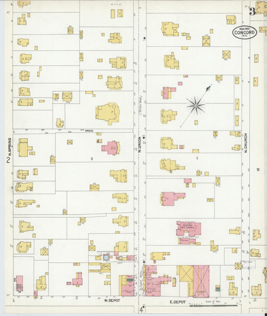 Sanborn Fire Insurance Map from Concord, Cabarrus County, North Carolina (1902), Sheet #0003 - Historic Sanborn Fire Insurance Map Print, vintage old map wall art, antique decor, genealogy gift, North Carolina North Carolina map