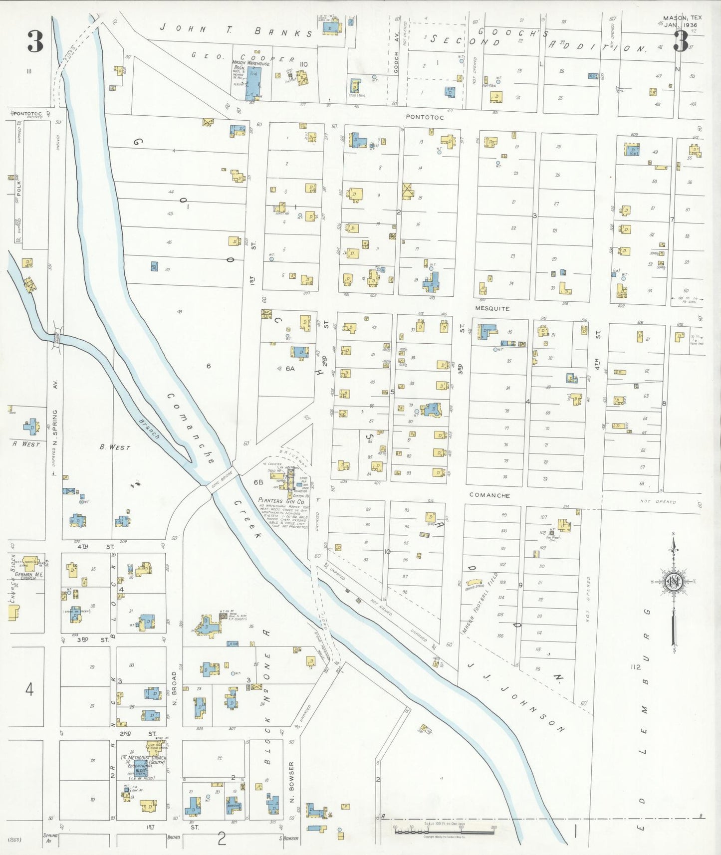 Sanborn Fire Insurance Map from Mason, Mason County, Texas (1936), Sheet #0003 - Complete Map Set gallery image, historic Sanborn map, vintage wall art, Texas Texas