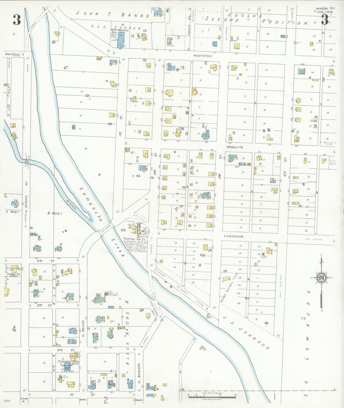 Sanborn Fire Insurance Map from Mason, Mason County, Texas (1936), Sheet #0003 - Complete Map Set gallery image, historic Sanborn map, vintage wall art, Texas Texas