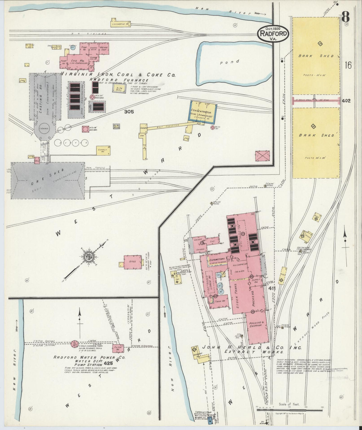 Sanborn Fire Insurance Map from Radford, Independent Cities, Virginia (1920), Sheet #0008 - Historic Sanborn Fire Insurance Map Print, vintage old map wall art, antique decor, genealogy gift, Virginia Virginia map