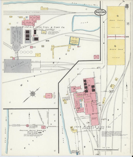 Sanborn Fire Insurance Map from Radford, Independent Cities, Virginia (1920), Sheet #0008 - Historic Sanborn Fire Insurance Map Print, vintage old map wall art, antique decor, genealogy gift, Virginia Virginia map