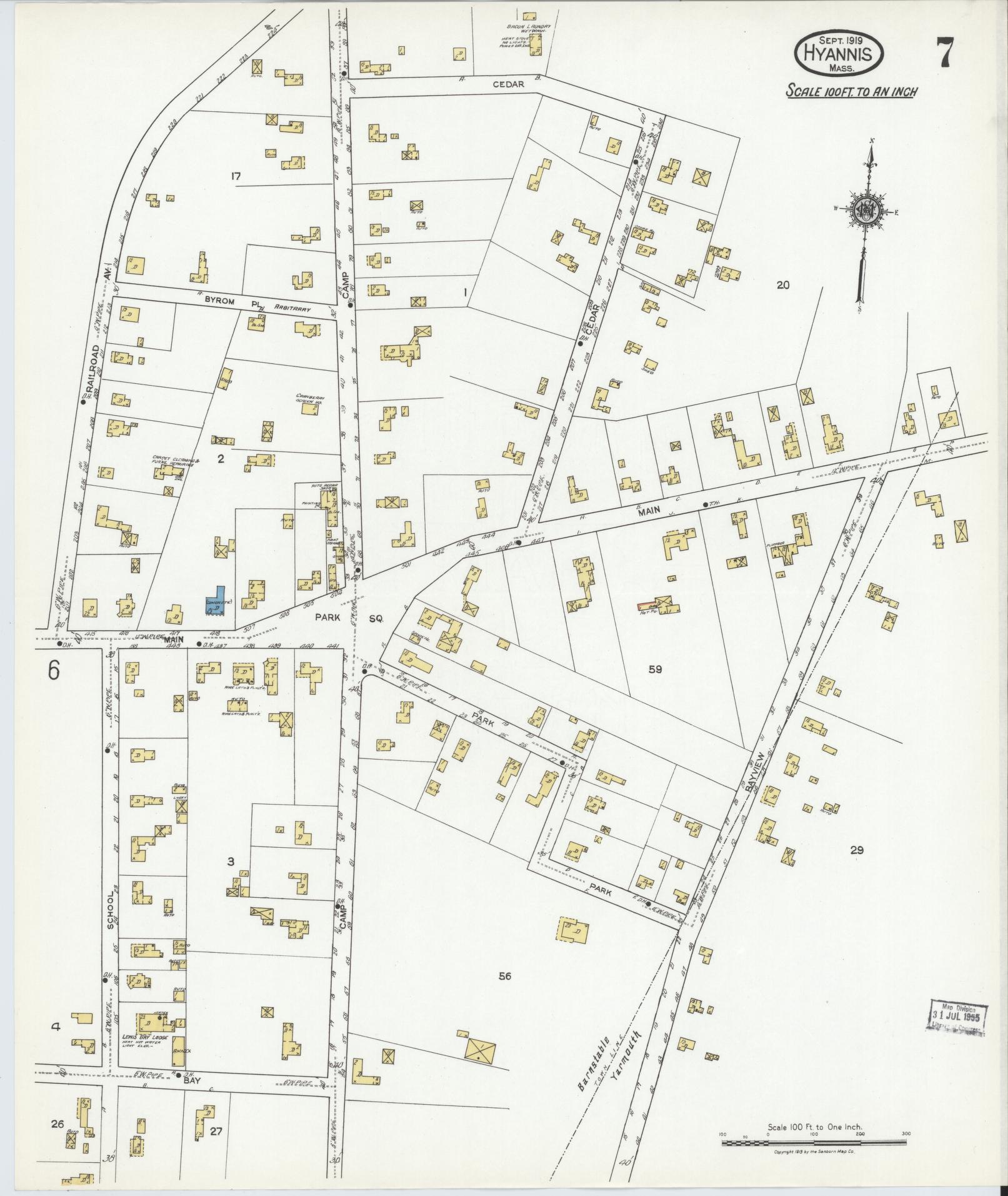 Sanborn Fire Insurance Map from Hyannis, Barnstable County, Massachusetts (1919), Sheet #0007 - Historic Sanborn Fire Insurance Map Print, vintage old map wall art, antique decor, genealogy gift, Massachusetts Massachusetts map