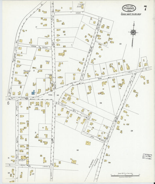 Sanborn Fire Insurance Map from Hyannis, Barnstable County, Massachusetts (1919), Sheet #0007 - Historic Sanborn Fire Insurance Map Print, vintage old map wall art, antique decor, genealogy gift, Massachusetts Massachusetts map