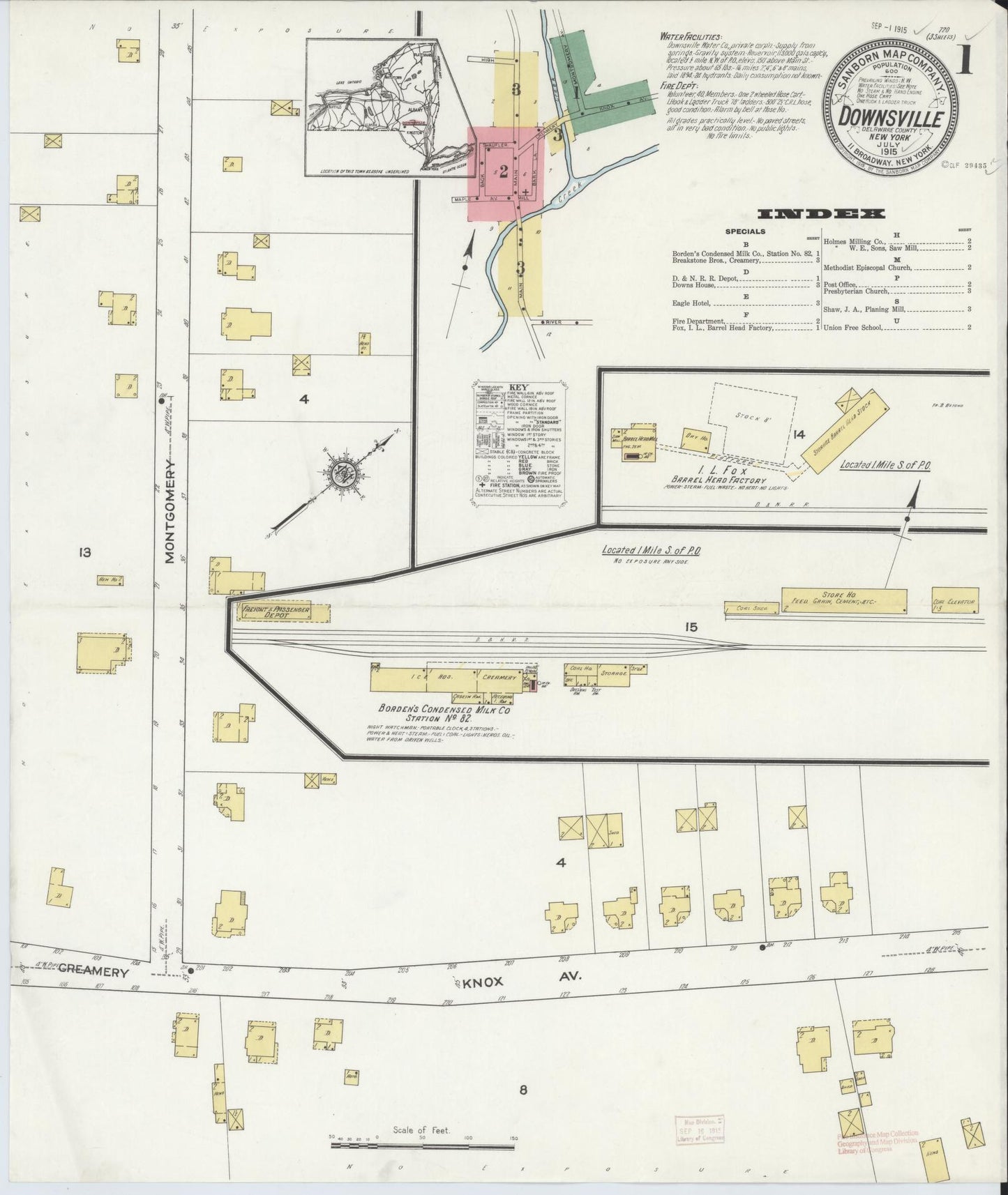 Sanborn Fire Insurance Map from Downsville, Delaware County, New York (1915), Sheet #0001 - Complete Map Set gallery image, historic Sanborn map, vintage wall art, Downsville Delaware