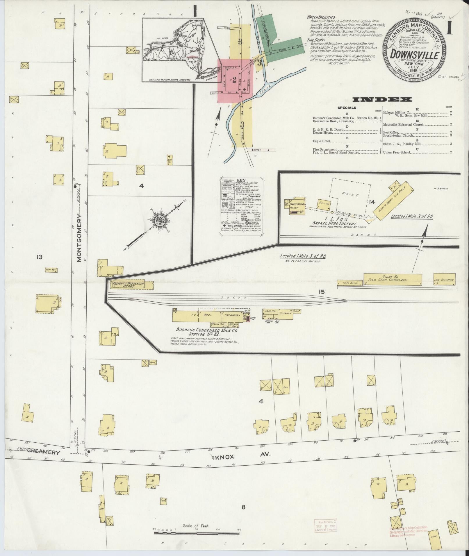 Sanborn Fire Insurance Map from Downsville, Delaware County, New York (1915), Sheet #0001 - Complete Map Set gallery image, historic Sanborn map, vintage wall art, Downsville Delaware