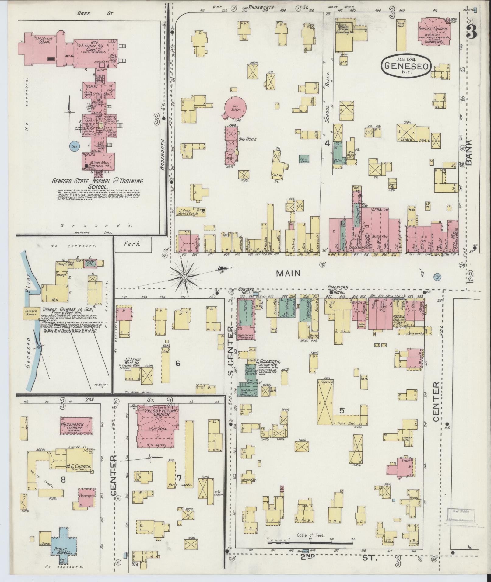 Sanborn Fire Insurance Map from Geneseo, Livingston County, New York (1894), Sheet #0003 - Historic Sanborn Fire Insurance Map Print, vintage old map wall art, antique decor, genealogy gift, New York New York map