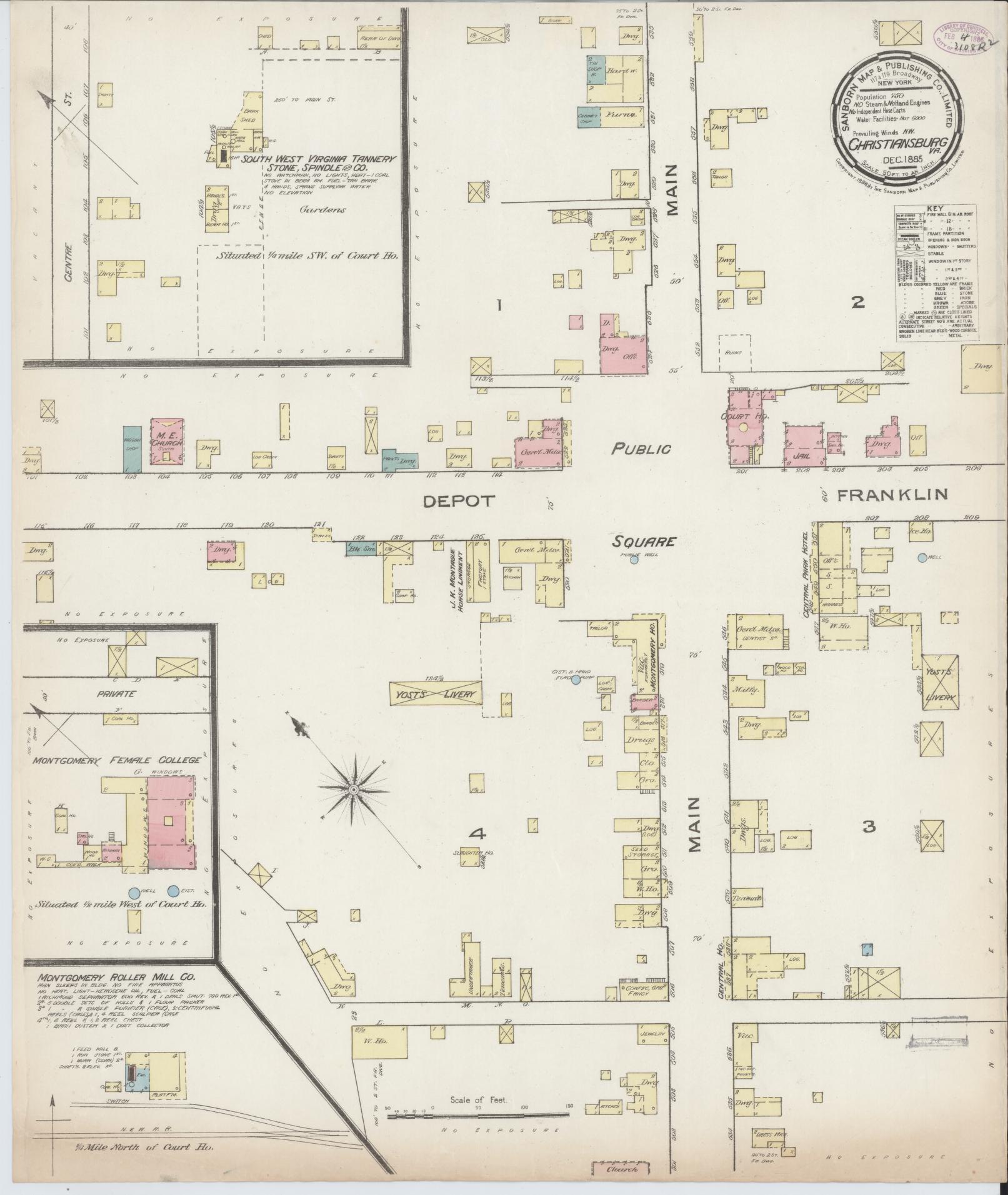 Sanborn Fire Insurance Map from Christiansburg, Montgomery County, Virginia (1885), Sheet #0001 - Historic Sanborn Fire Insurance Map Print, vintage old map wall art, antique decor, genealogy gift, Virginia Virginia map