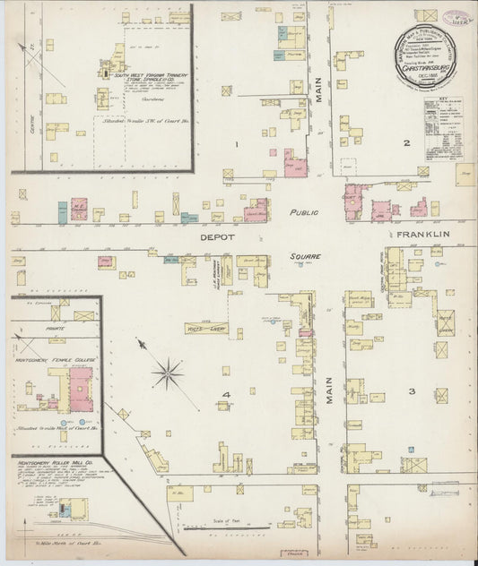Sanborn Fire Insurance Map from Christiansburg, Montgomery County, Virginia (1885), Sheet #0001 - Historic Sanborn Fire Insurance Map Print, vintage old map wall art, antique decor, genealogy gift, Virginia Virginia map