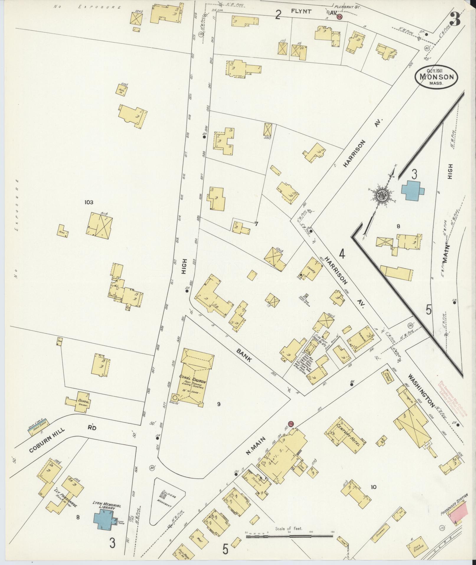 Sanborn Fire Insurance Map from Monson, Hampden County, Massachusetts (1911), Sheet #0003 - Complete Map Set gallery image, historic Sanborn map, vintage wall art, Massachusetts Massachusetts