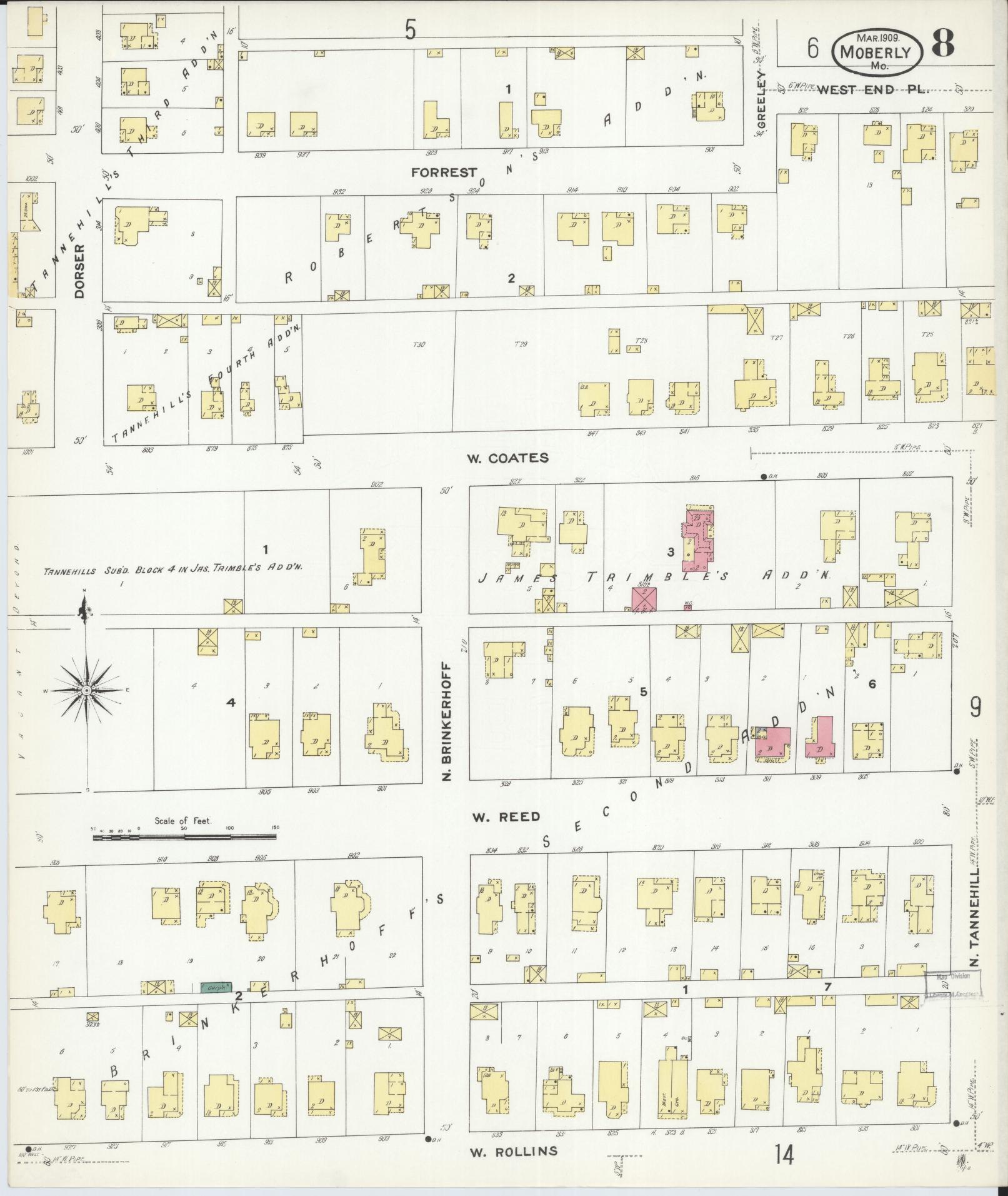 Sanborn Fire Insurance Map from Moberly, Randolph County, Missouri (1909), Sheet #0008 - Historic Sanborn Fire Insurance Map Print, vintage old map wall art, antique decor, genealogy gift, Missouri Missouri map