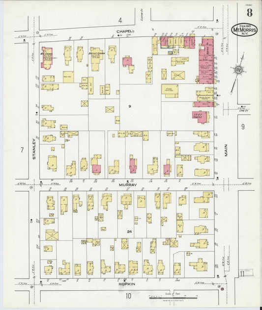 Sanborn Fire Insurance Map from Mount Morris, Livingston County, New York (1921), Sheet #0008 - Historic Sanborn Fire Insurance Map Print, vintage old map wall art, antique decor, genealogy gift, New York New York map
