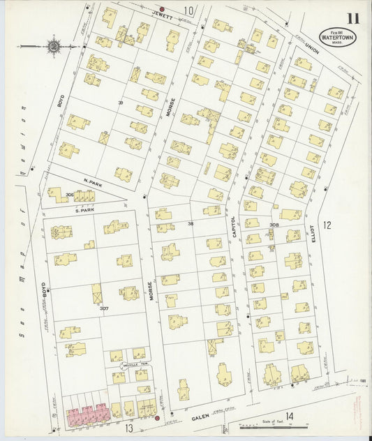 Sanborn Fire Insurance Map from Watertown, Middlesex County, Massachusetts (1911), Sheet #0011 - Historic Sanborn Fire Insurance Map Print, vintage old map wall art, antique decor, genealogy gift, Massachusetts Massachusetts map