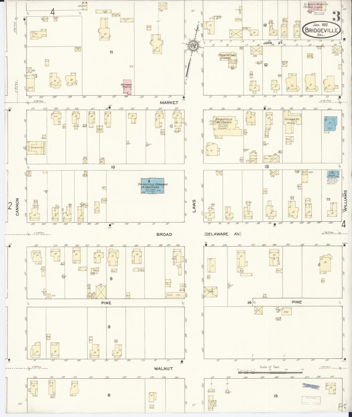 Sanborn Fire Insurance Map from Bridgeville, Sussex County, Delaware (1912), Sheet #0003 - Complete Map Set gallery image, historic Sanborn map, vintage wall art, Delaware Delaware