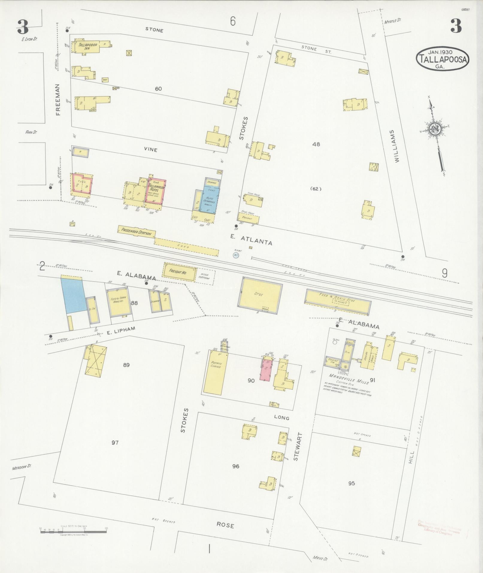 Sanborn Fire Insurance Map from Tallapoosa, Haralson County, Georgia (1930), Sheet #0003 - Complete Map Set gallery image, historic Sanborn map, vintage wall art, Georgia Georgia