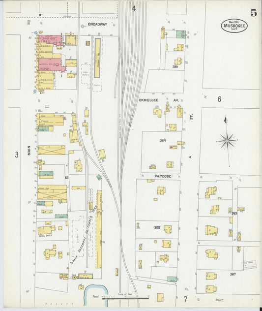 Sanborn Fire Insurance Map from Muskogee, Muskogee County, Oklahoma (1901), Sheet #0005 - Historic Sanborn Fire Insurance Map Print, vintage old map wall art, antique decor, genealogy gift, Oklahoma Oklahoma map