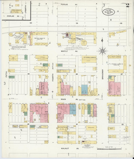 Sanborn Fire Insurance Map from Sayre, Beckham County, Oklahoma (1909), Sheet #0002 - Historic Sanborn Fire Insurance Map Print, vintage old map wall art, antique decor, genealogy gift, Oklahoma Oklahoma map
