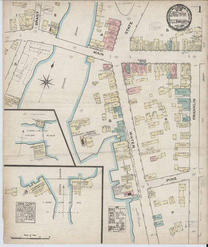 Sanborn Fire Insurance Map from Ellsworth, Hancock County, Maine (1884), Sheet #0001 - Complete Map Set gallery image, historic Sanborn map, vintage wall art, Maine Maine