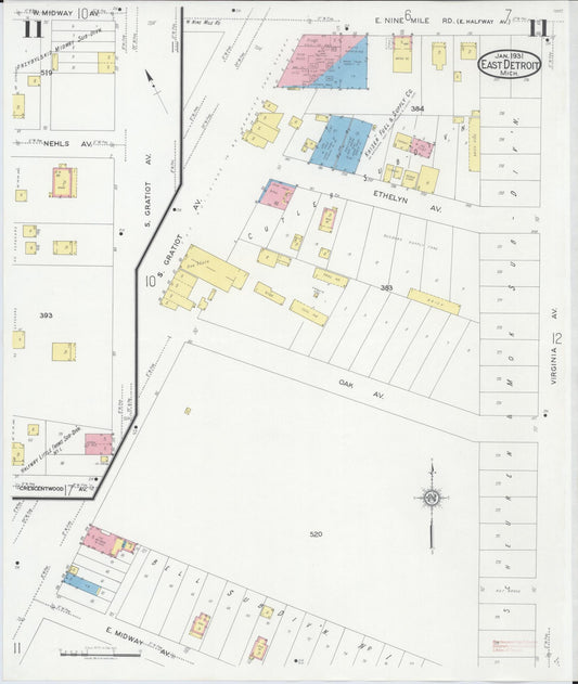 Sanborn Fire Insurance Map from East Detroit, Macomb County, Michigan (1931), Sheet #0011 - Historic Sanborn Fire Insurance Map Print, vintage old map wall art, antique decor, genealogy gift, Michigan Michigan map