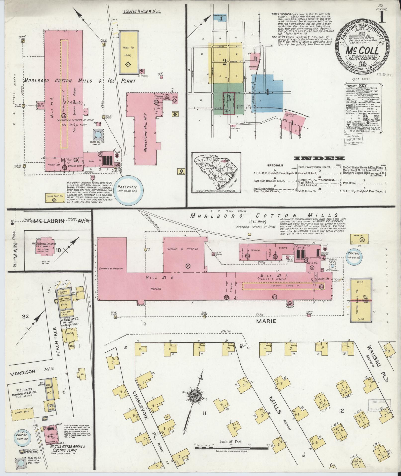 Sanborn Fire Insurance Map from McColl, Marlboro County, South Carolina (1920), Sheet #0001 - Complete Map Set gallery image, historic Sanborn map, vintage wall art, South Carolina South Carolina