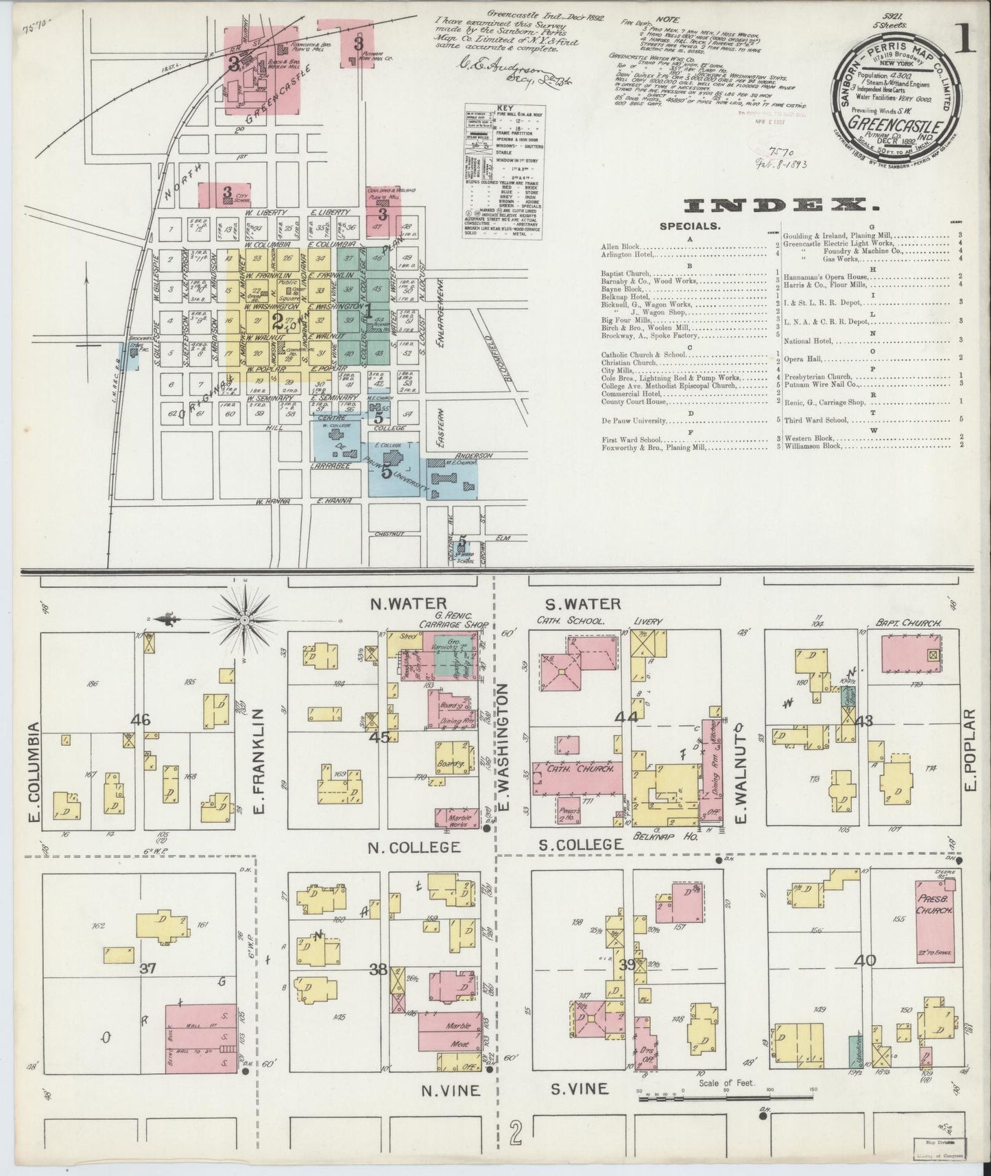 Sanborn Fire Insurance Map from Greencastle, Putnam County, Indiana. (1892) – Historic Sanborn Fire Insurance Map Print