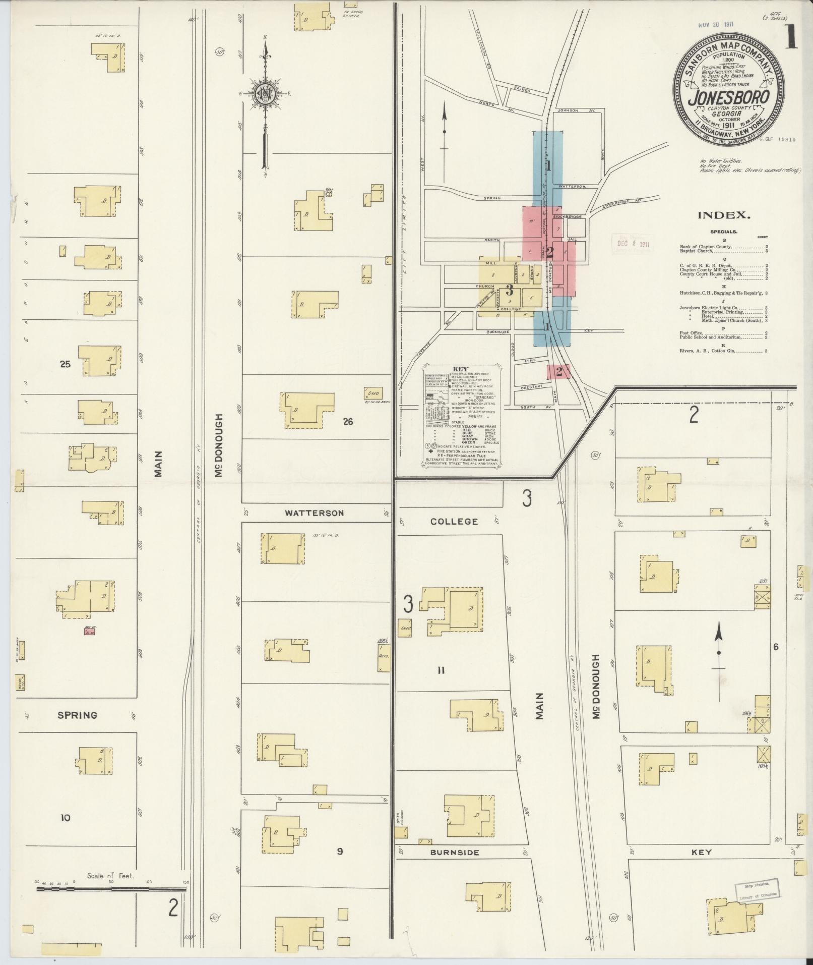 Sanborn Fire Insurance Map from Jonesboro, Clayton County, Georgia (1911), Sheet #0001 - Complete Map Set gallery image, historic Sanborn map, vintage wall art, Georgia Georgia
